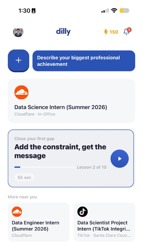 Dilly home screen on iOS: where you stand against AI